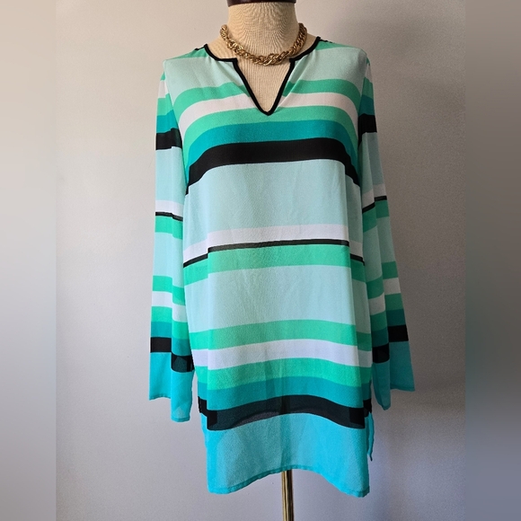 Michael Kors Semi Sheer Green, White And Black Striped Tunic Blouse. Size Small - Picture 3 of 13